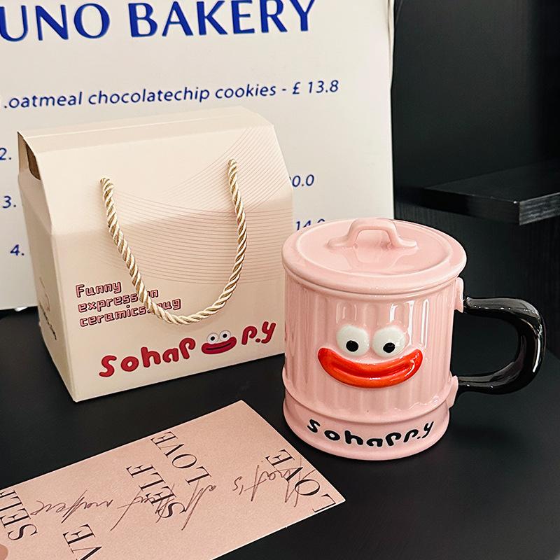 Gift Box with Funny Cartoon Big Mouth Ceramic Mug with Lid Cute Gift for Children on Children s Day and Souvenir 400ml