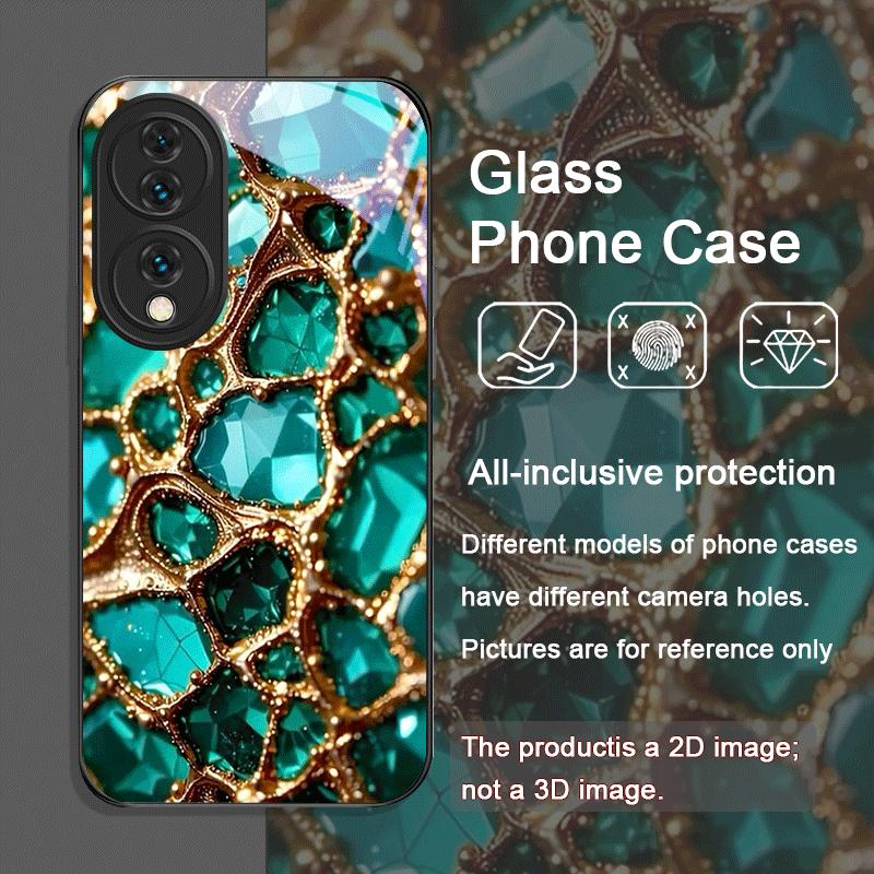 Gorgeous Emerald Pattern Tempered Glass Phone Case for Huawei Honor 200 Lite 100 300 Pro 90 GT X8 4G X9 Magic 7 6 5 Pro 5G Cover
