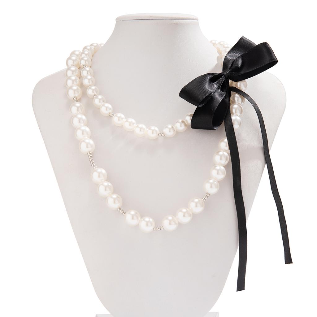 IngeSight.Z 2pcs/set Elegant Imitation Pearl Beaded Necklace for Women Gothic Black Large Bow Choker Necklace Party Gift
