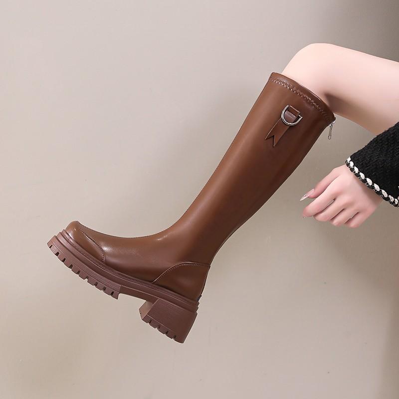 Fashion New Popular Round Toe Side Zip Modern Boots Knee-High Belt Buckle Female Shoes Classics Women Chunky Heels Winter Women's Boots