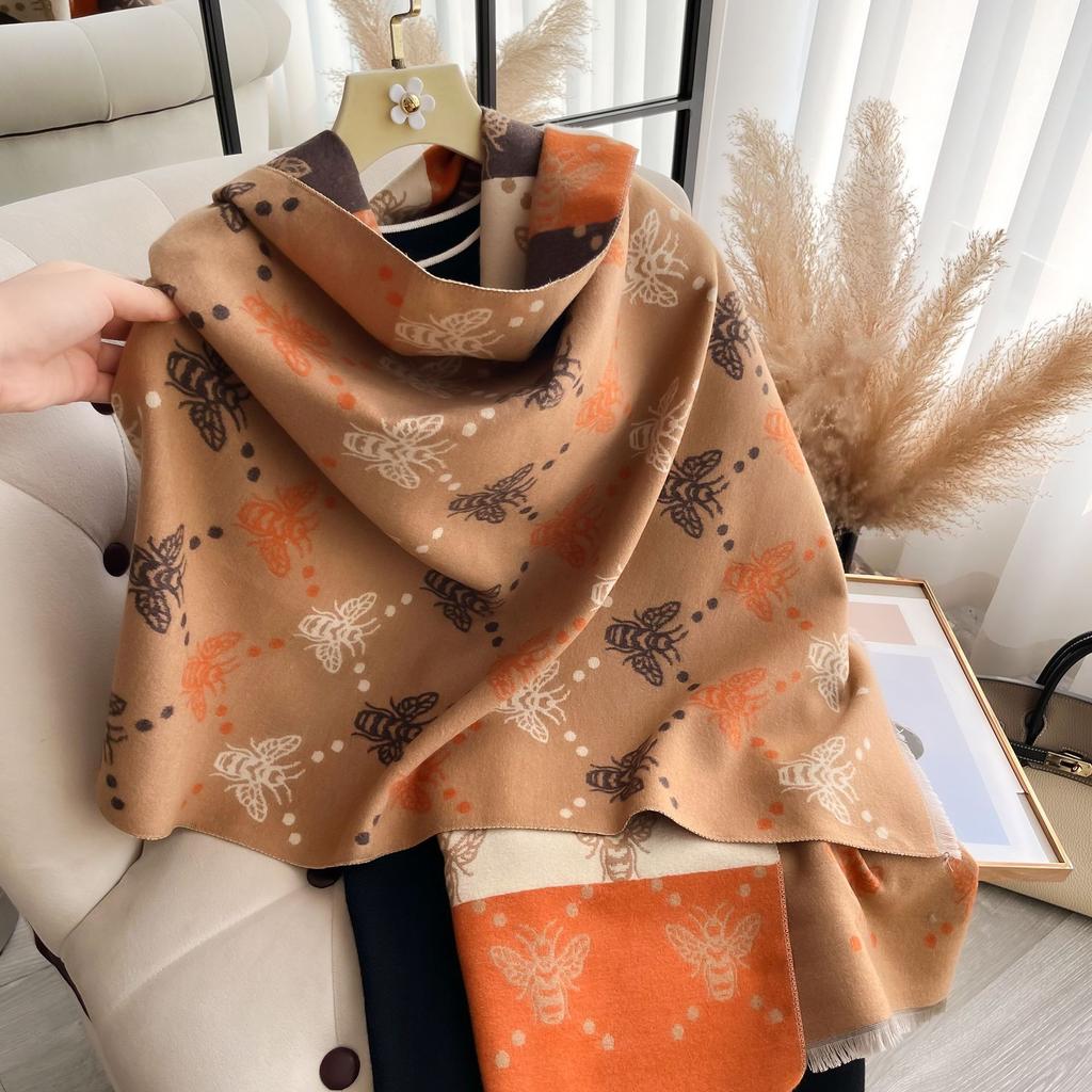 Bee Double-Sided Contrasting Colors Fashionable Versatile Imitation Cashmere Scarf Women'S Medium And Long Office Shawl Scarf