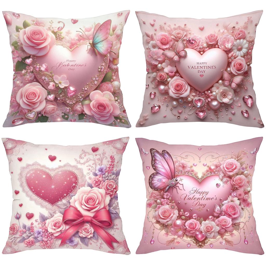 Pink Heart Rose Pillow Set For Valentine's Day Polyester pillowcase, sofa decorative cushion cov Headboard Pillow