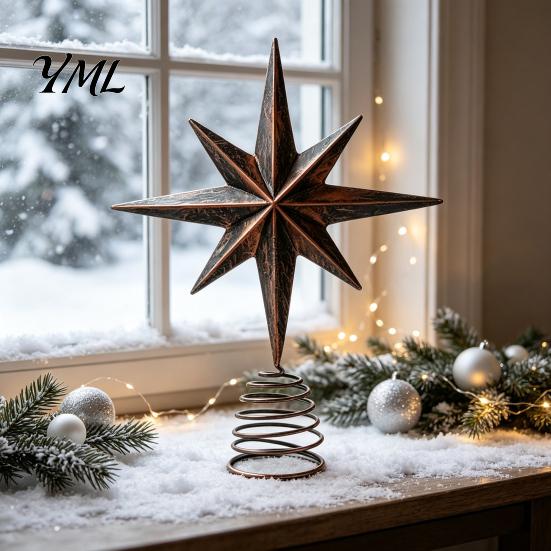 Sturdy Spiral Spring Base Distressed Metal Eight-pointed Star Christmas Tree Topper with Stable Unique Top Ornament Base, Vintage for Holiday