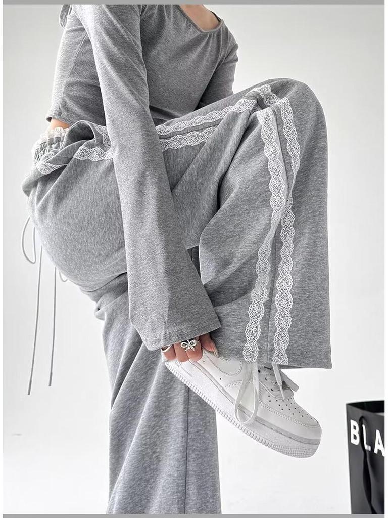 2024 Women's Trendy High Waist Wide-Leg Patchwork Lace Sweatpants