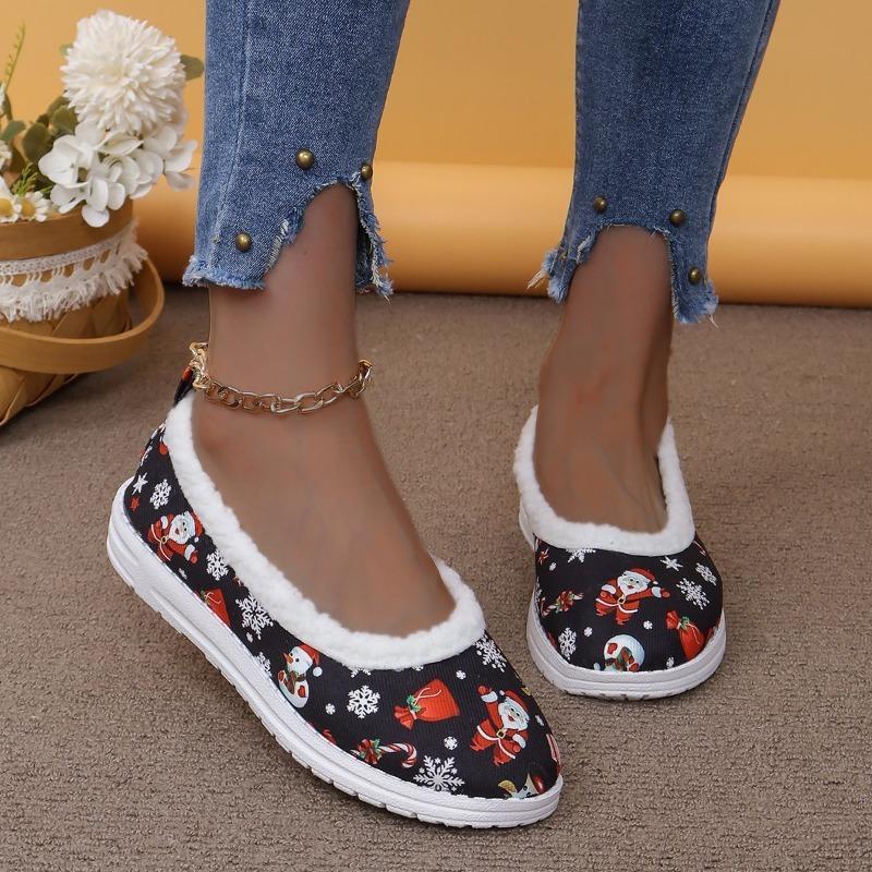 Cross-border foreign trade new low-top velvet shallow-mouth single shoes women's European and American Christmas elements flat-bottomed cotton shoes