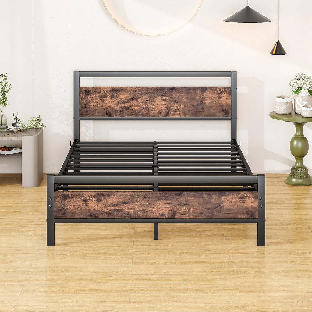 Bed Frame 140x190 cm made of Metal & Wood – Stable Single Bed with Slatted Frame & Storage, Guest Bed/Youth Bed