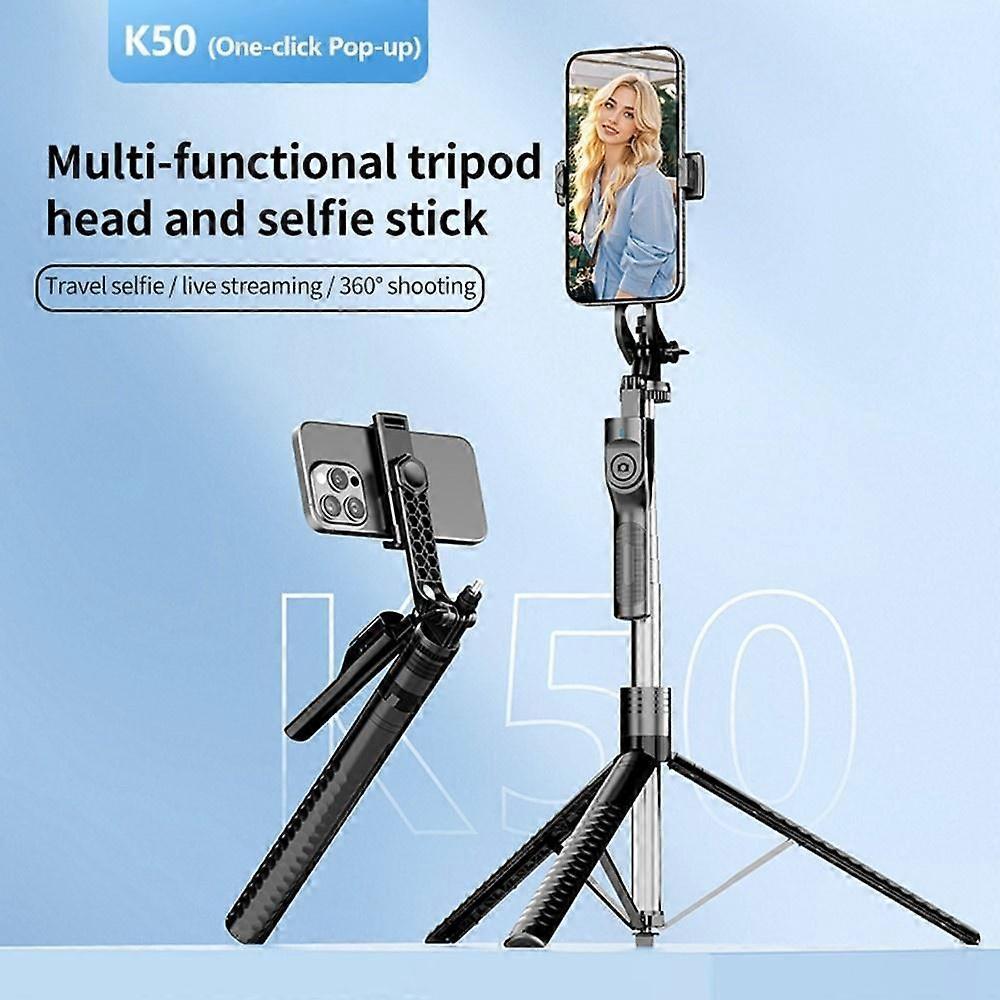 K50 1.9m Extendable Live Streaming Tripod Dual Phone Clip Bluetooth Selfie Stick