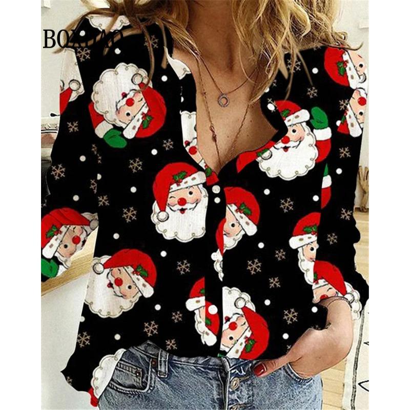Women's Blouses Christmas 3D Printed Shirts Autumn Winter Fashion Long Sleeve Funny Cute Santa Claus Casual Button Tops