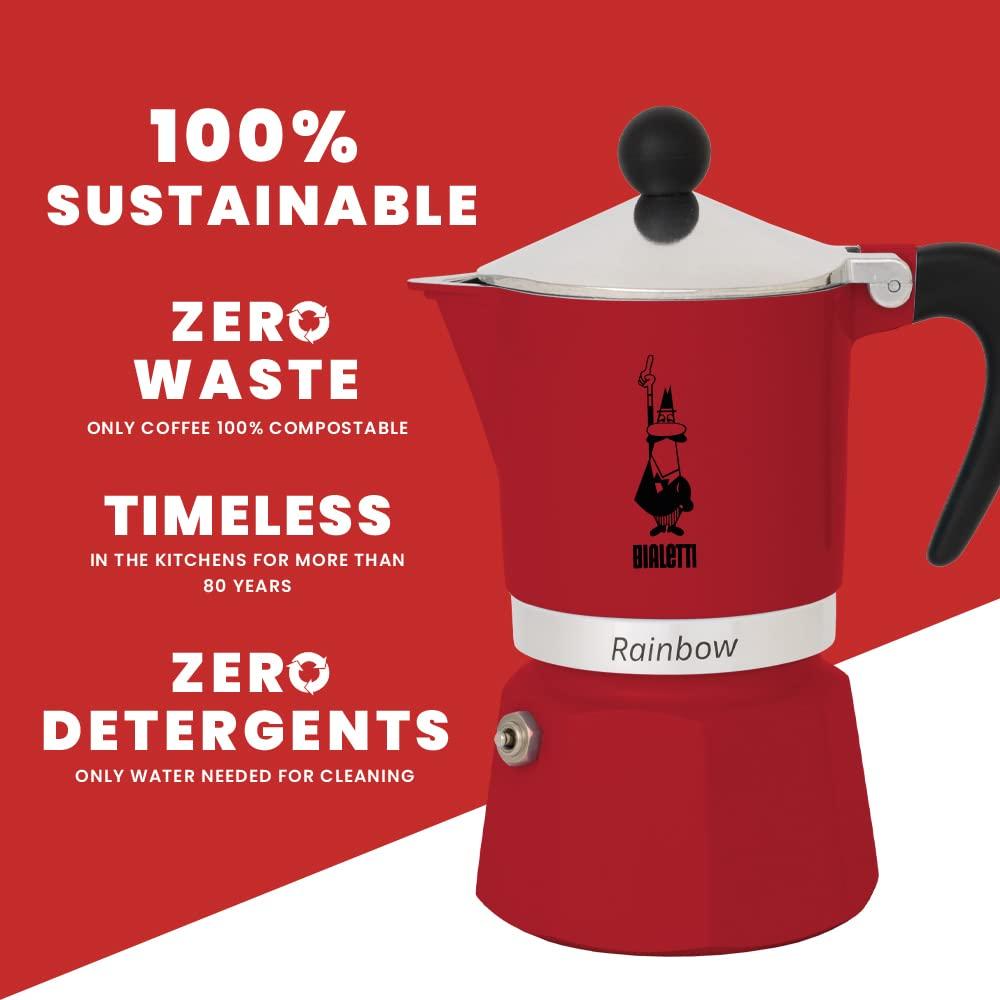 BIALETTI Stovetop Espresso Maker, Red, 13x9x17cm, Rainbow, 3-Cup Capacity