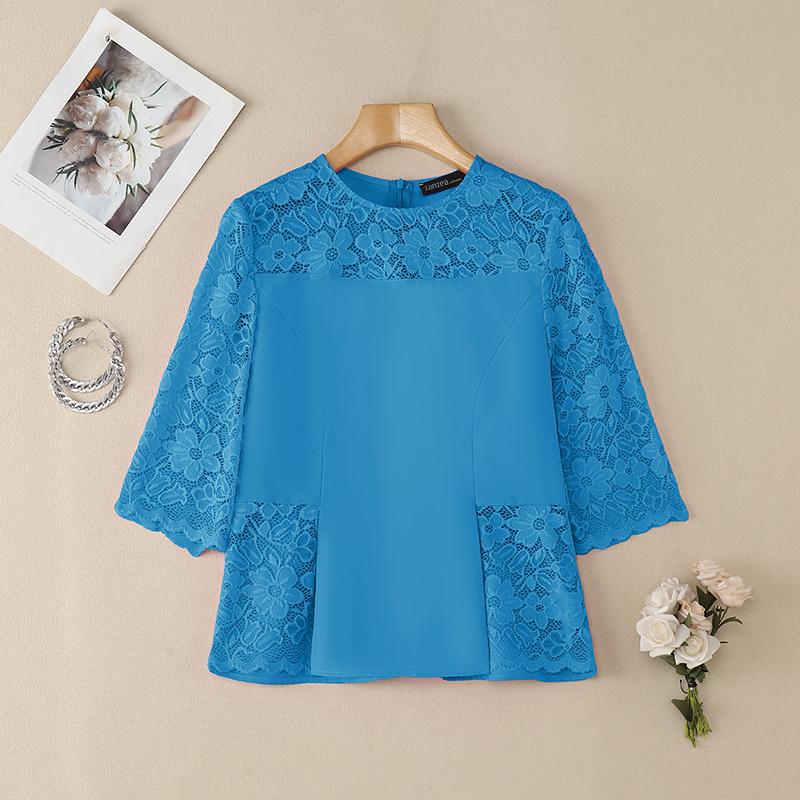 

ZANZEA Жіноча повсякденна блузка з мереживною вставкою, рукав 3/4, вільна синій