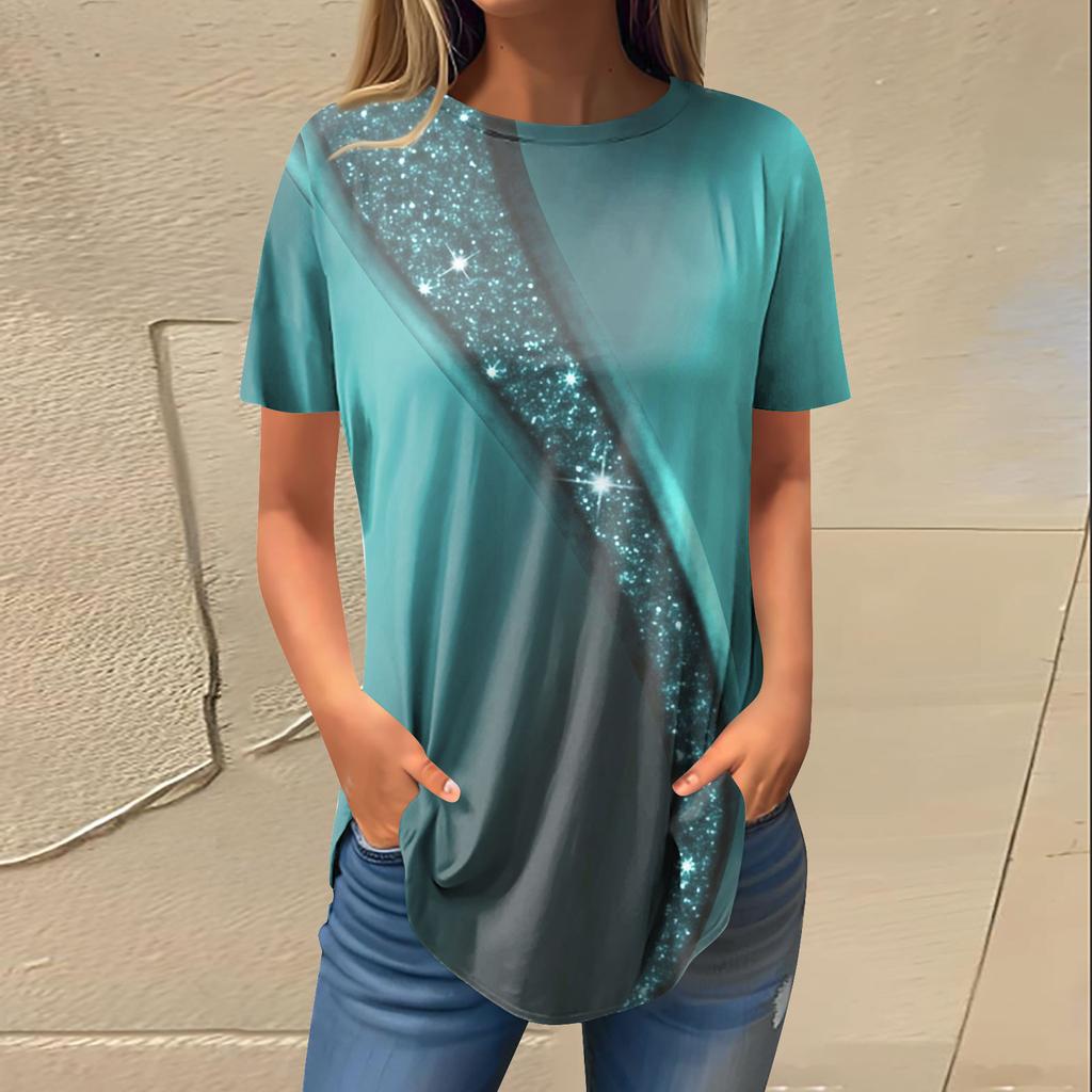 Women's Fashion Casual Round Neck Curve Printed Short Sleeve Pullover T-Shirt Top