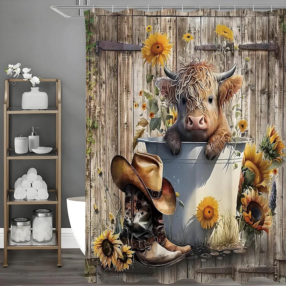 Sprchový závěs s vysokohorskou kravou a slunečnicí, Dekorativní sprchový závěs do koupelny, Vodotěsný sprchový závěs s háčky