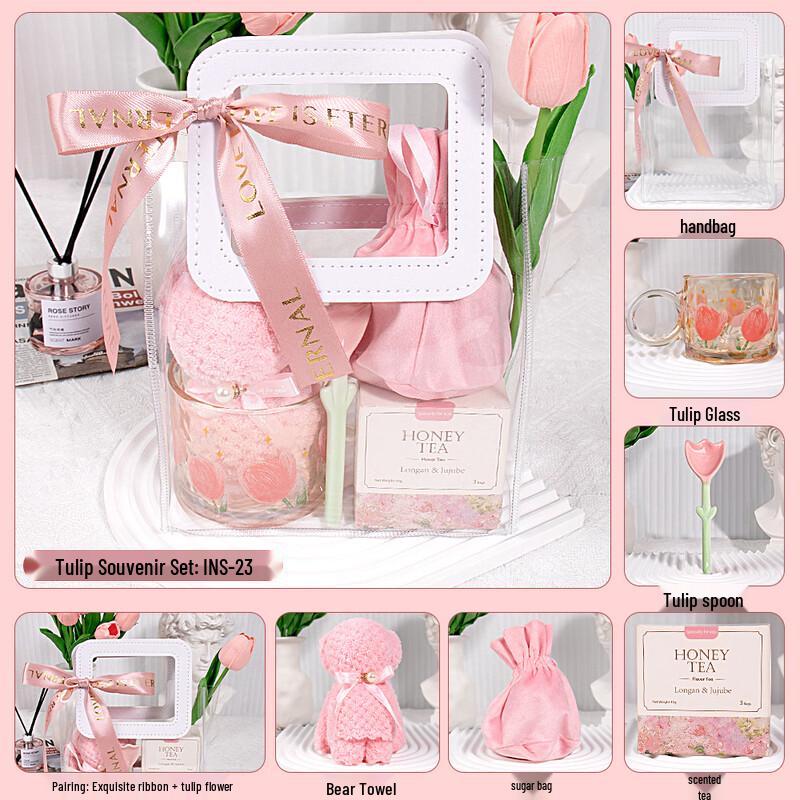 Huazao Baijia Pink Tulip Glass Cup Gift Set INS-23