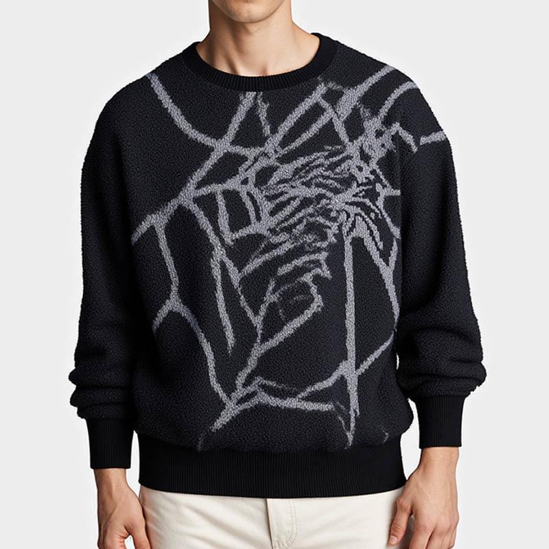 Fashion Men Autumn Winter New Style Round Neck Sweater American Retro Spider Web Pattern Jacquard Knitted Base Layer Top