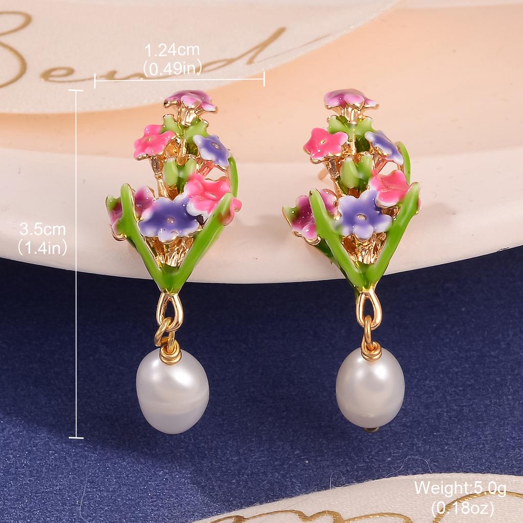 Fresh new Chinese flower stud oil painting style high-end enamel pearl earrings vintage national style tassel earrings women