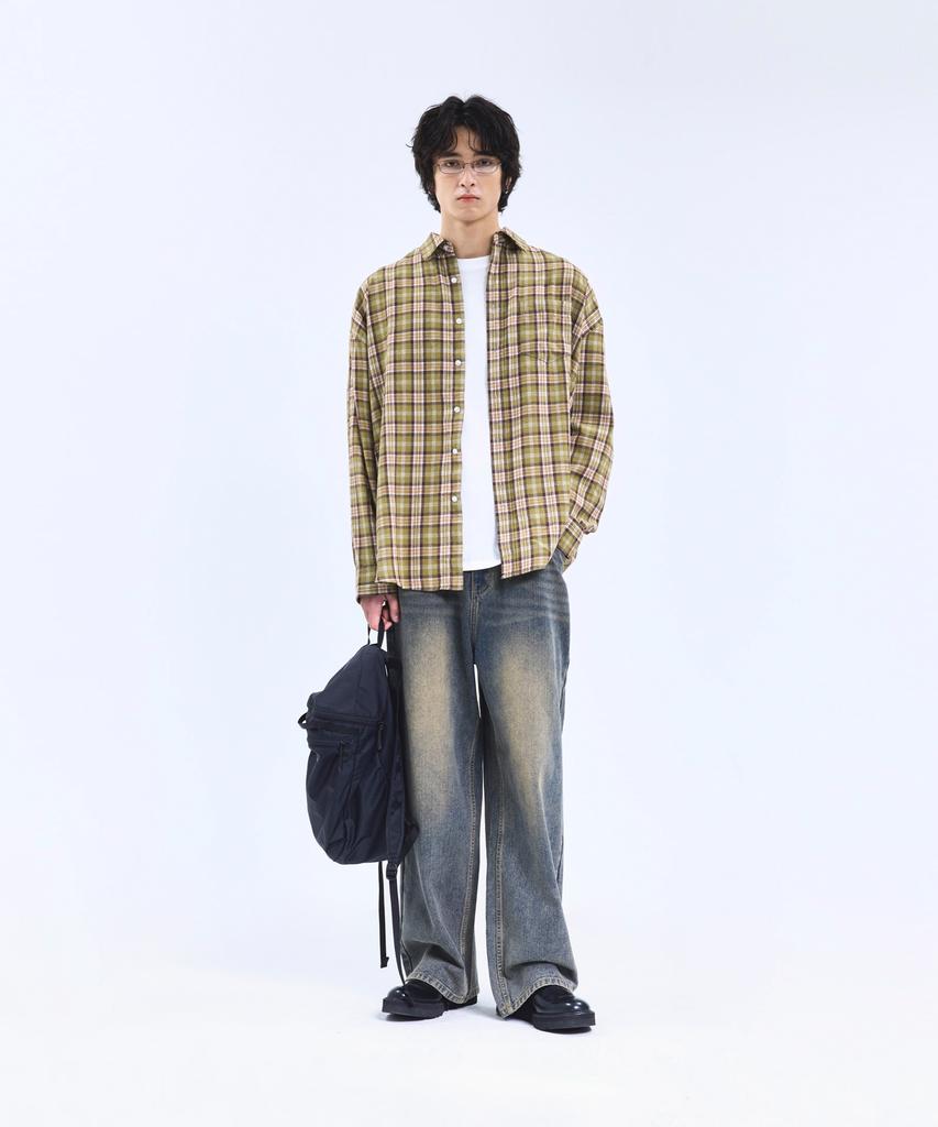 STANDARDERROR 87-Stan089 Classic Vintage Oversized Pocket Long Sleeve Check Shirt Olive