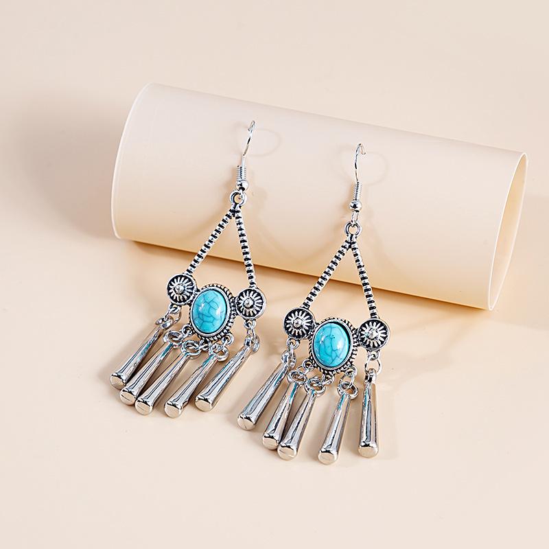 Turquoise Earrings, Vintage Owl Geometric Dream Catcher Feather Fringed Earrings Female