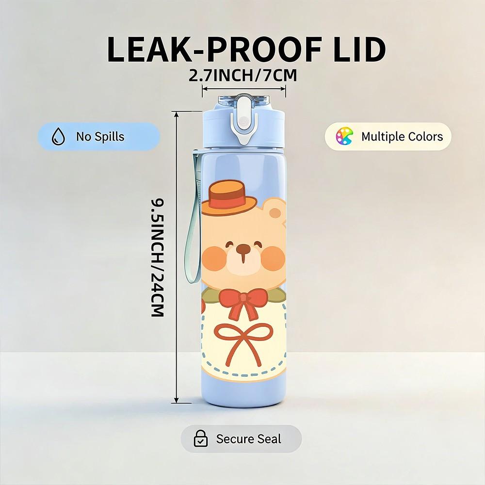 1PC Teddy Bear Gift Box Cute Pattern 750ml Color Plastic Sports Water Bottle Leakproof Flip Straw Lid Suitable for Sports Office Home Use