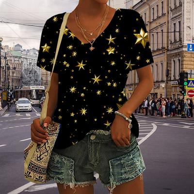 Women's V-Neck Short Sleeve Golden Star Printed Tops Loose T-Shirt Casual Blouse