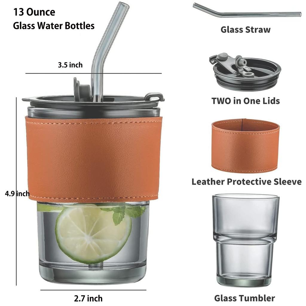 13oz/400ml Tumbler Water Bottle,Sealed Coffee Cups with Straw Lid,Thick Wall Insulated Glass Latte Cup,Amber for Iced Tea Juice