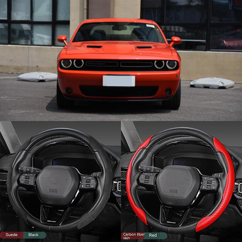 

For Challenger Carbon Fiber Look Universal Car Steering Wheel Cover Non-Slip Auto Interior Decoration car Suede Black A