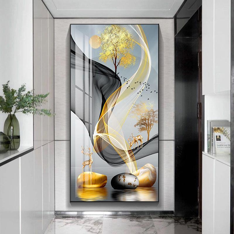 Modern Golden Rich Tree Canvas Painting Wall Art New Chinese Gold Deer Zen Stone Posters for Porch Wall Decoration Room Decor