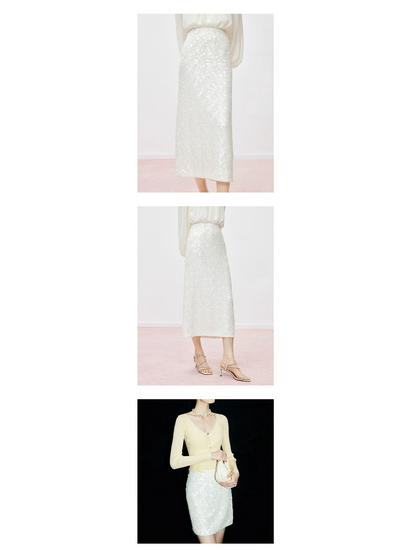 Autumn 2025 Elegant High-Waisted Porcelain White Sequin Midi Skirt for Women
