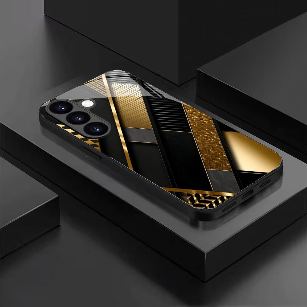 Gold patterned black glass phone case suitable for Samsung Galaxy S26 S25 S24 S23 S22 S20 FE/Ultra/Plus anti drop back cover