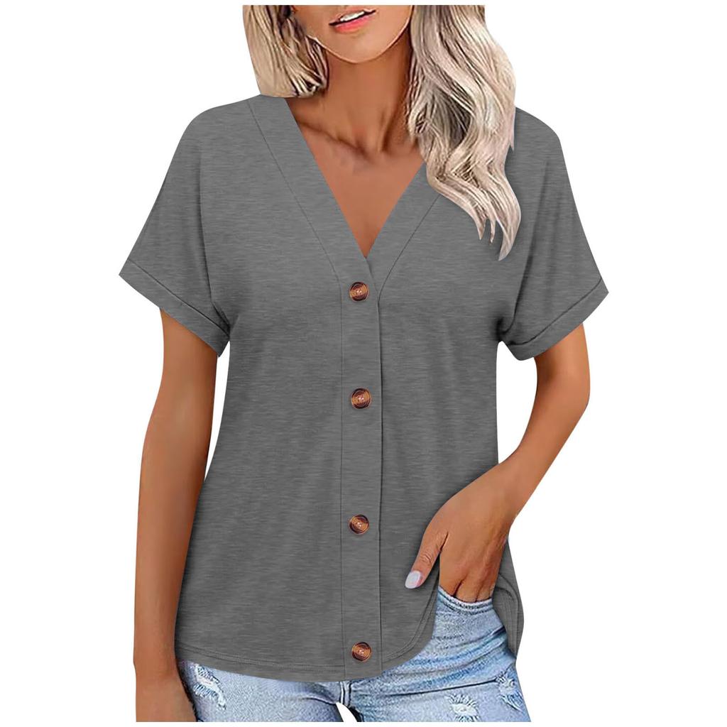 Europe, America Spring and Summer New Solid Color Button Loose Short-sleeved Top T-shirt Women's Spot