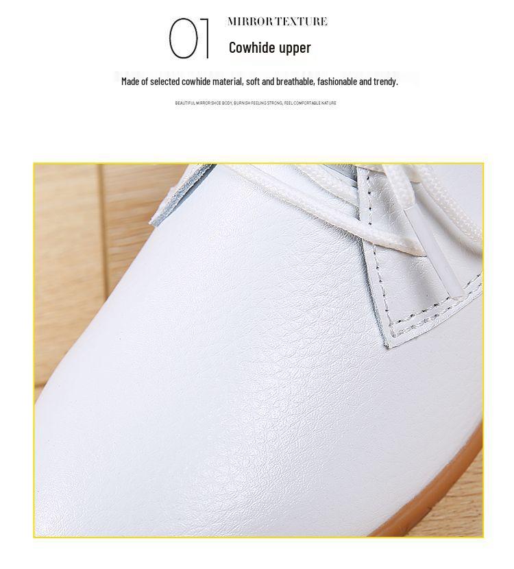 Women's White Lace-up Round Toe Non-slip Genuine Leather Flat Shoes - Casual & Versatile Korean Style