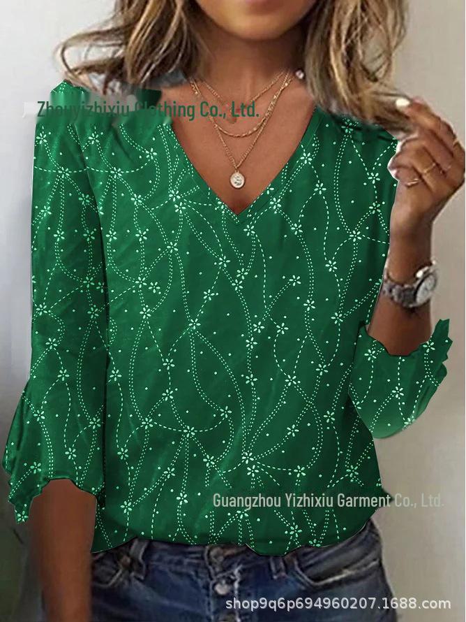 European and American Style V-Neck Knit Top with 3D Plant Pattern and Trumpet Sleeves