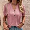 Women Summer Spring Fashion Casual Short Sleeve V Neck Button Blouse Shirts Solid Color