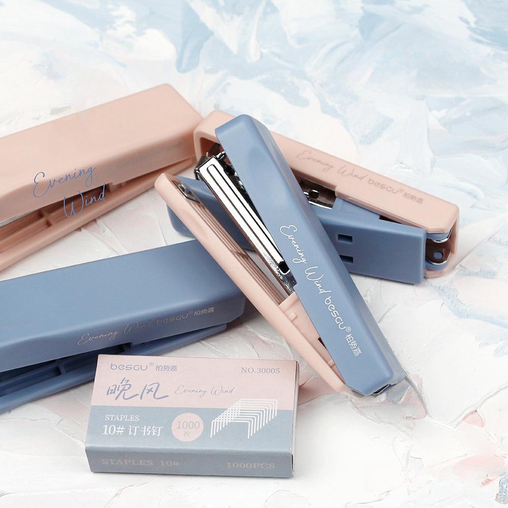Evening Wind Folding Stapler Set Mini Portable Hitting Color Binder, with 10# 1000pcs Staples, Office Binding Tools School