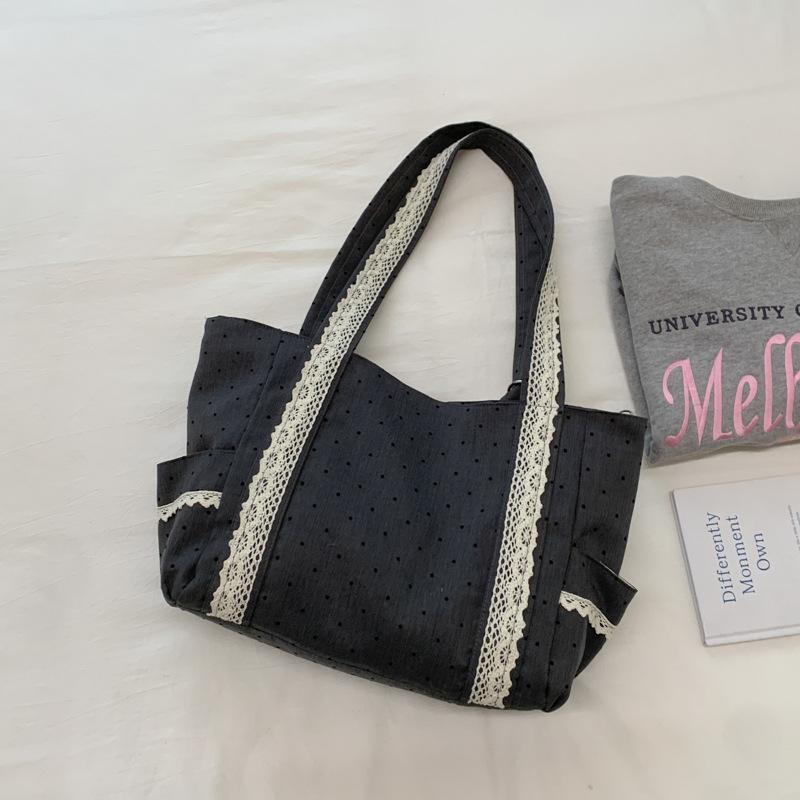

Polka Dot Lace Tote Bag Large Capacity Women s Shoulder Bag Student Commuter Handbag with Ctrast Trim Lightweight Shopping Bag