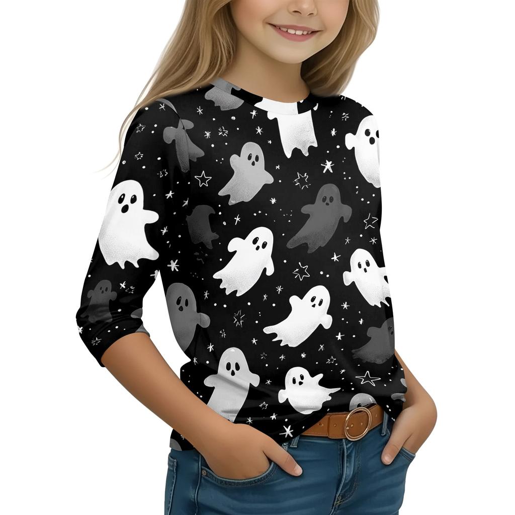 Kids Casual Long Sleeve T-Shirt with Halloween Print Round Neck for Party Costume