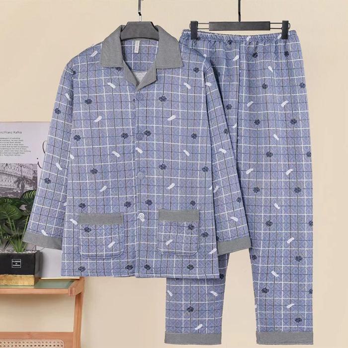 Men's Cotton Plaid Pajamas - Long-Sleeved Cardigan, Lapel, Plus Size, Perfect for Autumn and Winter.