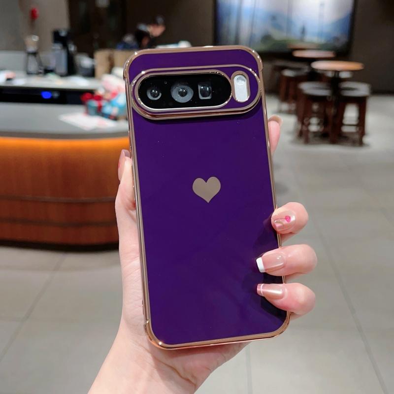Trendy Glossy Plating Love Heart Soft TPU Case For Google Pixel 10A 10 9 Pro XL 8 7 A Skin-friendly Shockproof Bumper Back Cover