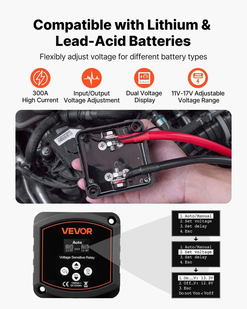 Dual Battery Isolator Kit, 12V 300 Amp, Manual and Automatic VSR Voltage Sensitive Relay with Voltmeter, LCD Screen, Smart Battery Isolator,