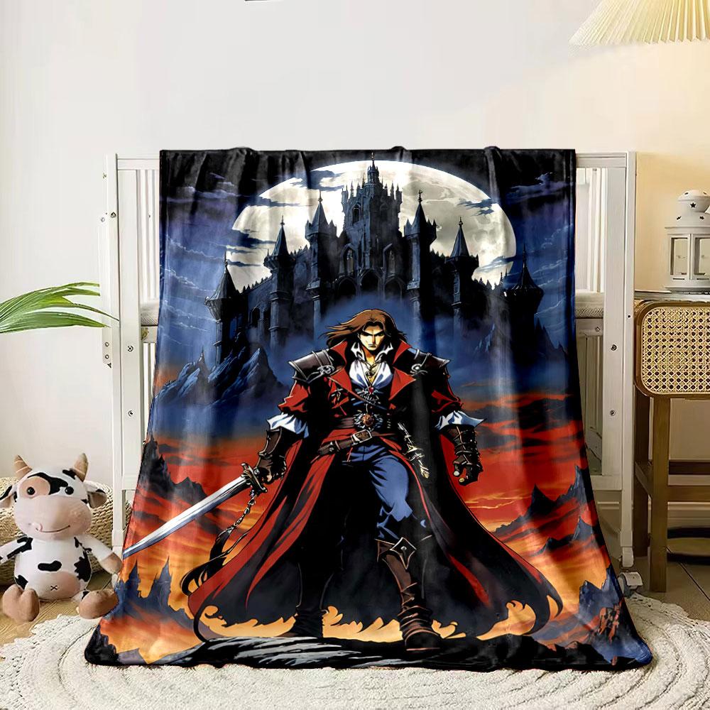 

A heroic figure in red and blue stands before a dark castle and full moon. for all seasons blanket lunch break throw gift 80cm x 120cm
