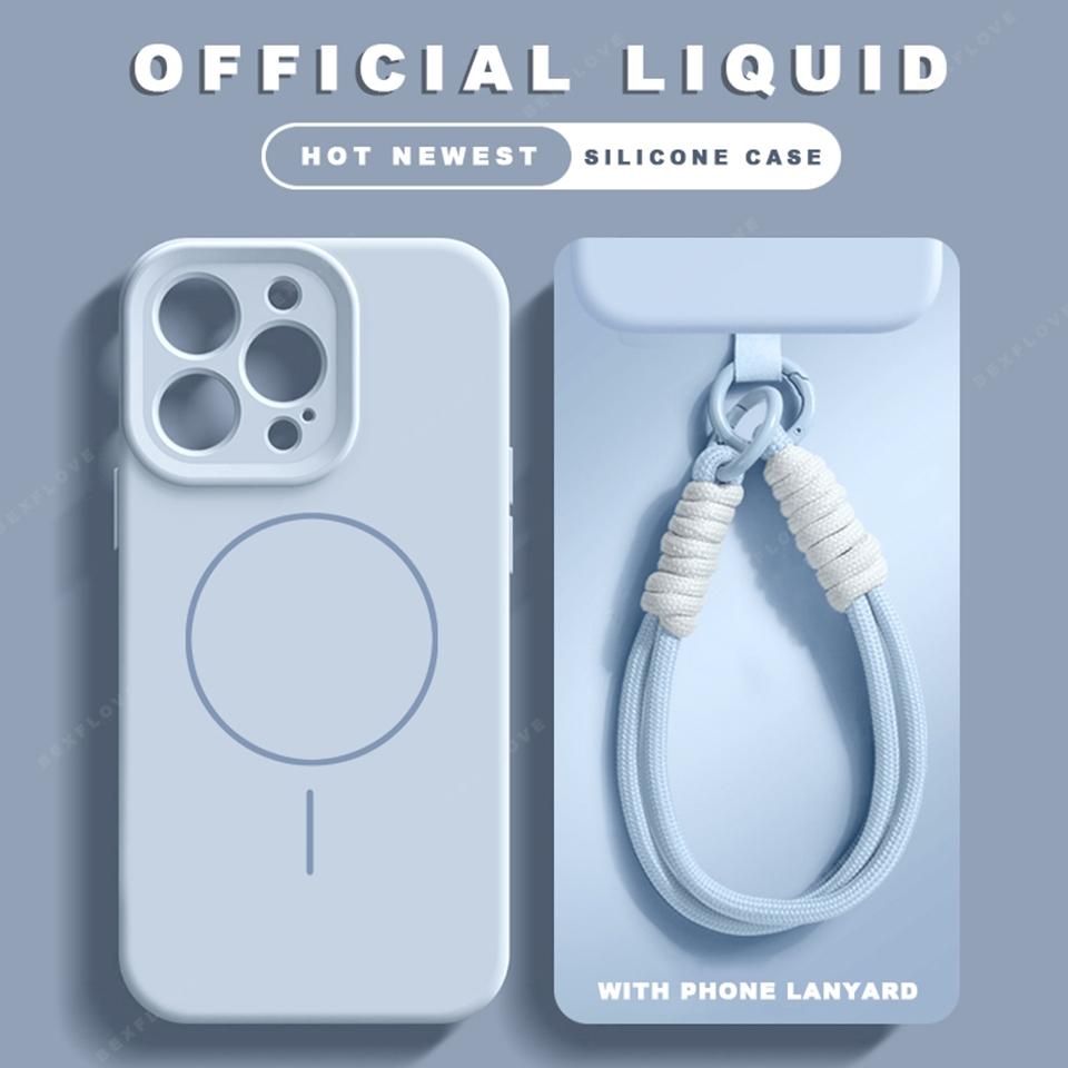 Official Magnetic Phone Case For For Iphone 1 14 16 Plus 12 13 16 Pro Max Liquid Silicone Lanyard Charge Protector Cover
