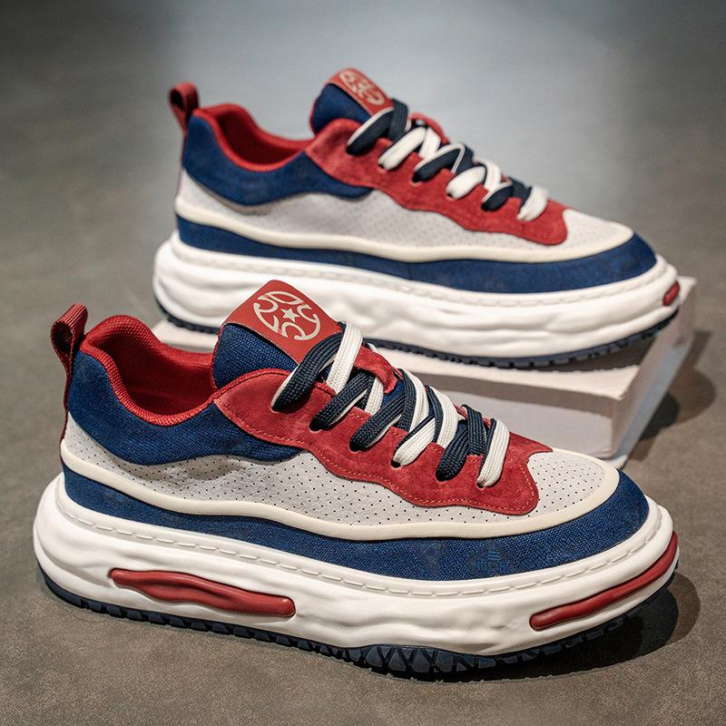 Autumn new leather punching breathable casual shoes youth thick-soled low-top sports board shoes 39