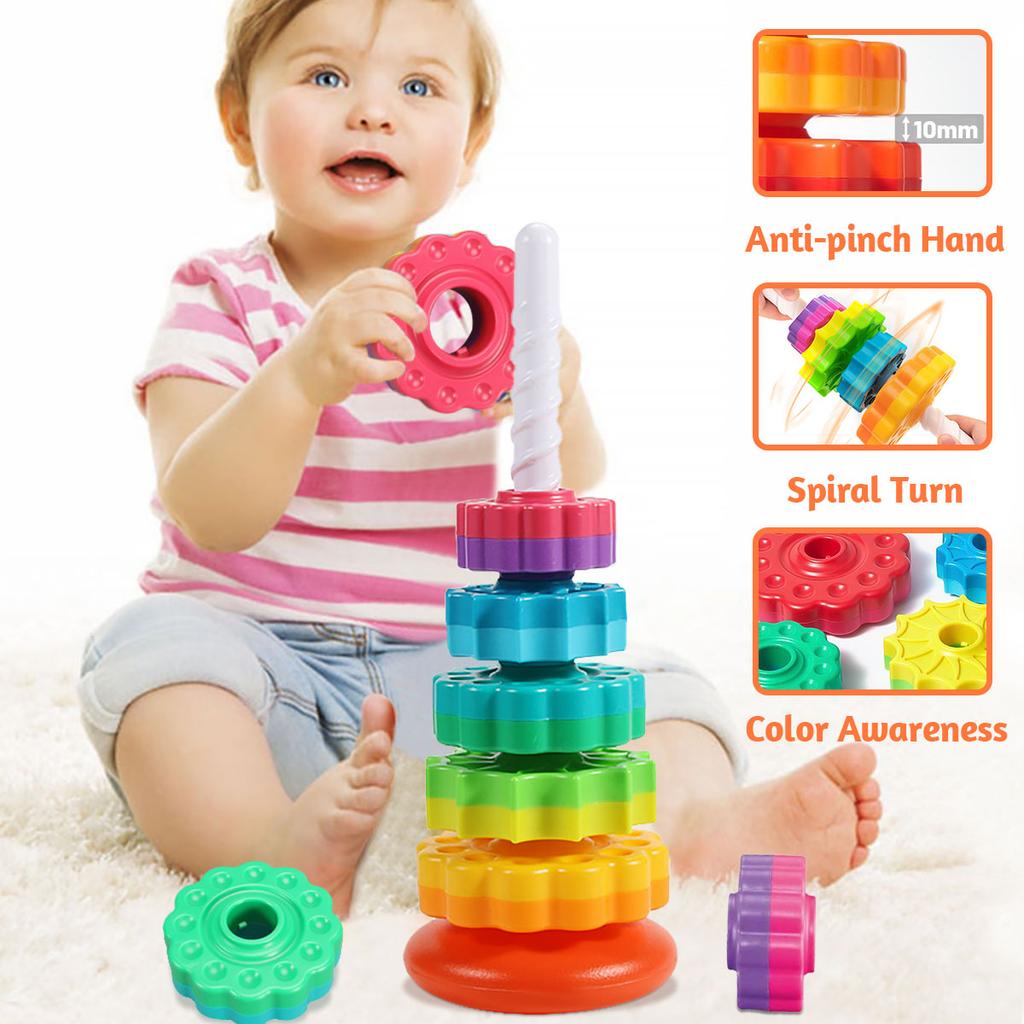 Non-Toxic Montessori Rotating Rainbow Tower Baby Stacking Puzzle Toys Safety Andenvironmental Protection Colored Children'S Toys