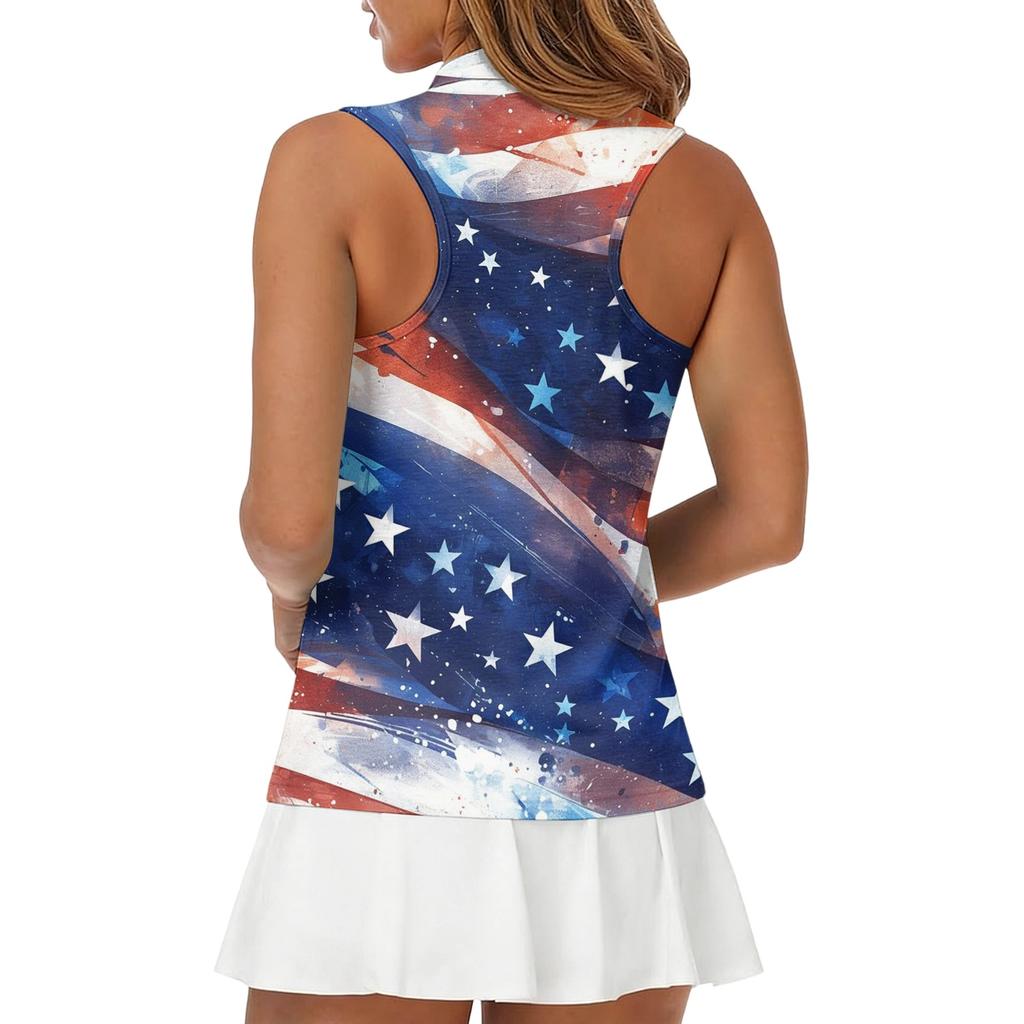 Sleeveless Golf Polo Shirt with Zipper Collar Women's Casual Athletic Top Independence Day Print Sports Vest for Outdoor Activities