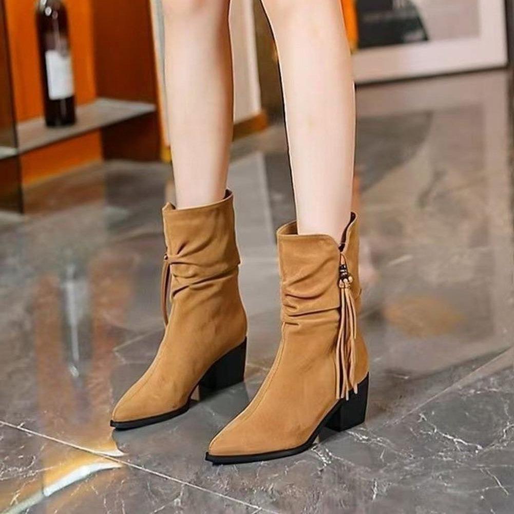 Fashion Winter 2025 Collection of Suede Fringed High-heeled Boots for Women Pointed-toe Chunky-heeled Ankle Boots Fashion Boots