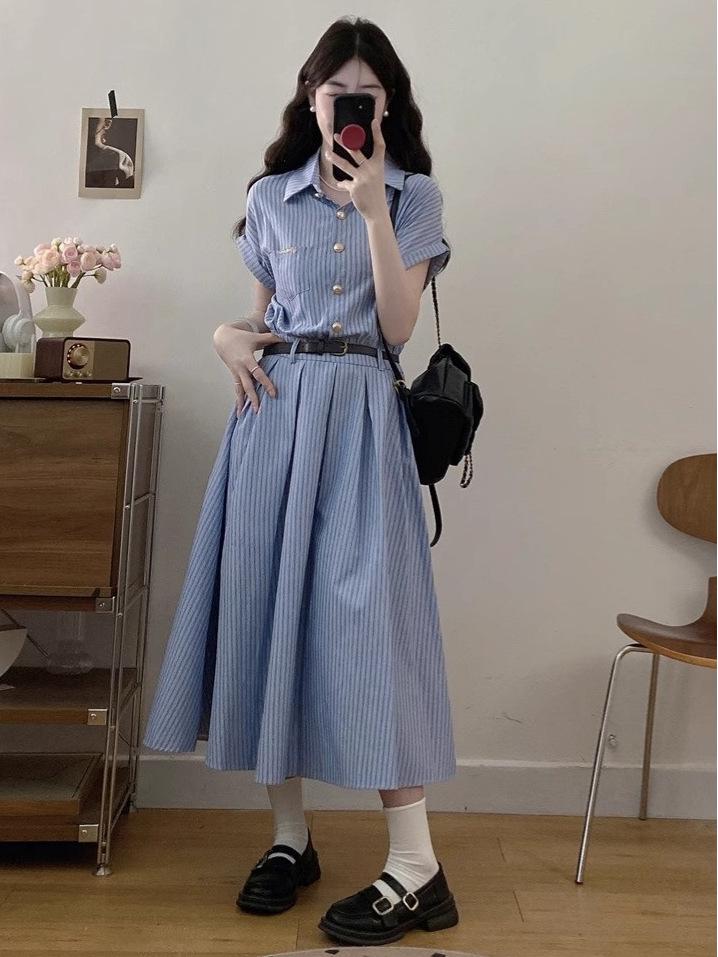 Korean Academy Style Blue Short-Sleeved Summer Shirt Dress for Women – High-End, Waist-Cinched, Fashionable Long Dress