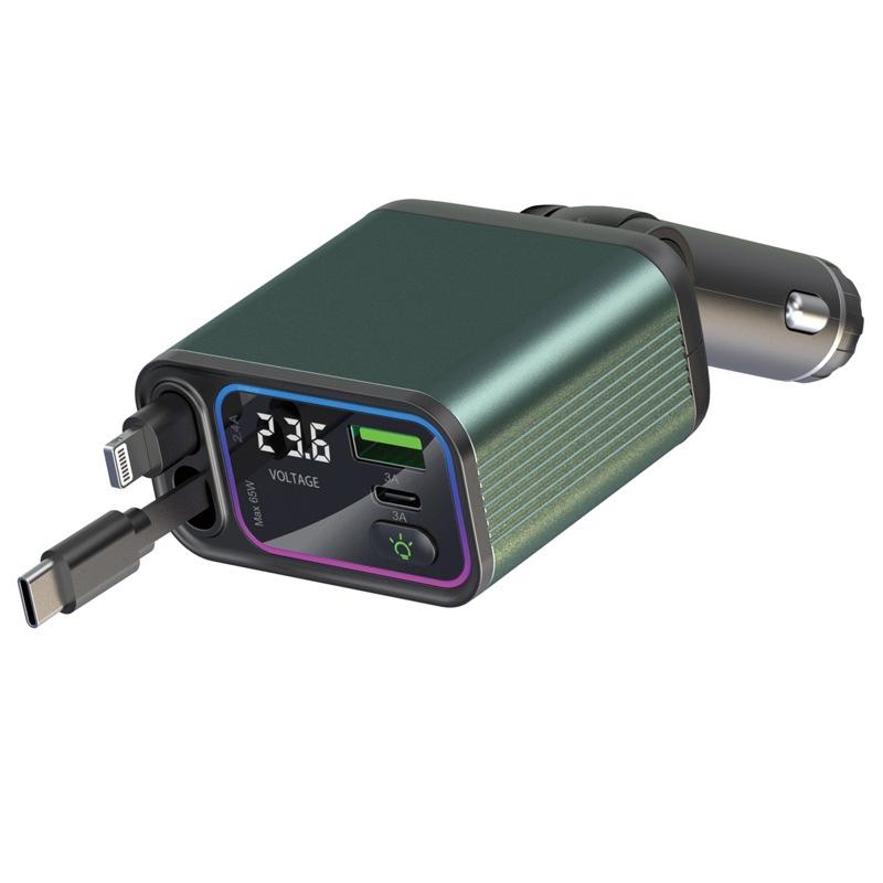 Four in One Dual Telescopic Cable Automatic Storage, Racing Atmosphere Light Voltage Display, Car Charger, Super Fast Charging