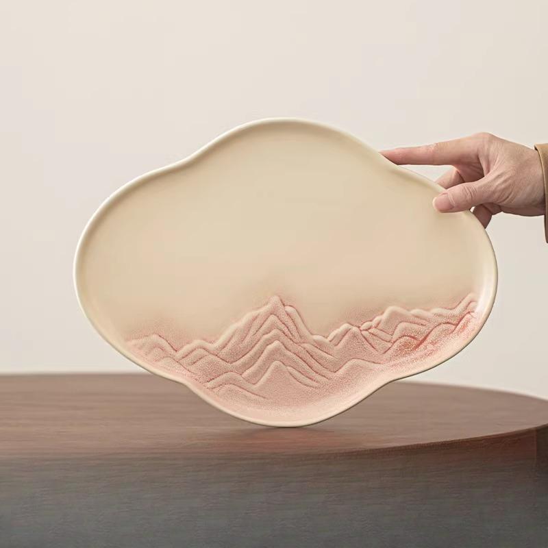 

Ceramic Tea Tray Landscape Carved Fruit Platter Chinese Teapot Tray Household Dry Foam Table Tea Tray Tea Ceremony Accessories 32x23x2cm