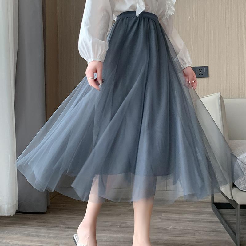Mesh Skirt for Spring and Summer New Women's High Waist Mid-length Elastic Waist A-line Skirt Princess Long Skirt