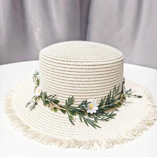 Sun Hat Wide Brim Floppy Edges Breathable Woven Straw Hat with Chrysanthemum Garland Lightweight Summer Beach Travel Hat