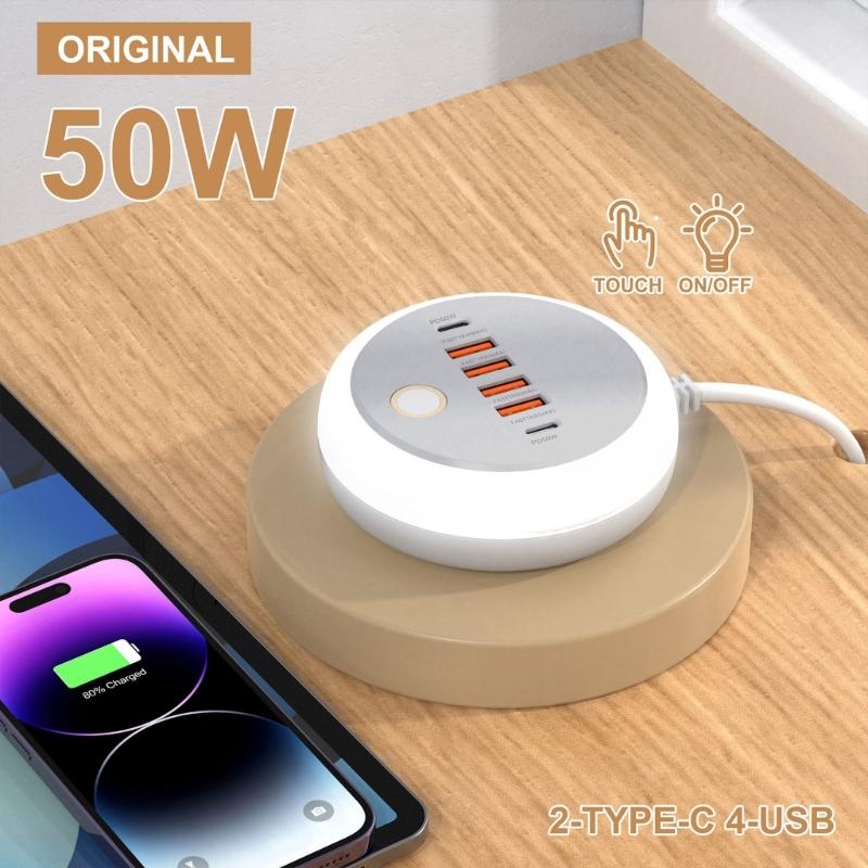 Simultaneous 6 Device Charging Adapter With 2 Type C Port Quick Charge 4 USB Port Auto Current Detection Space Saving